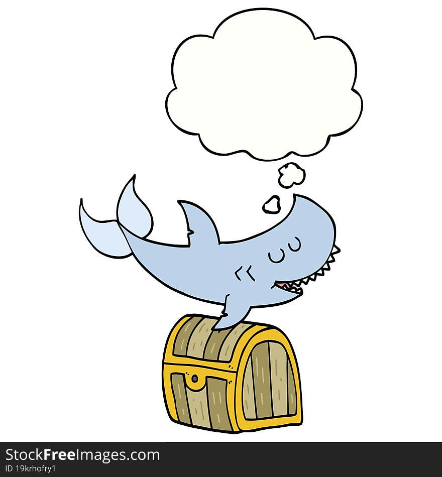 cartoon shark swimming over treasure chest with thought bubble