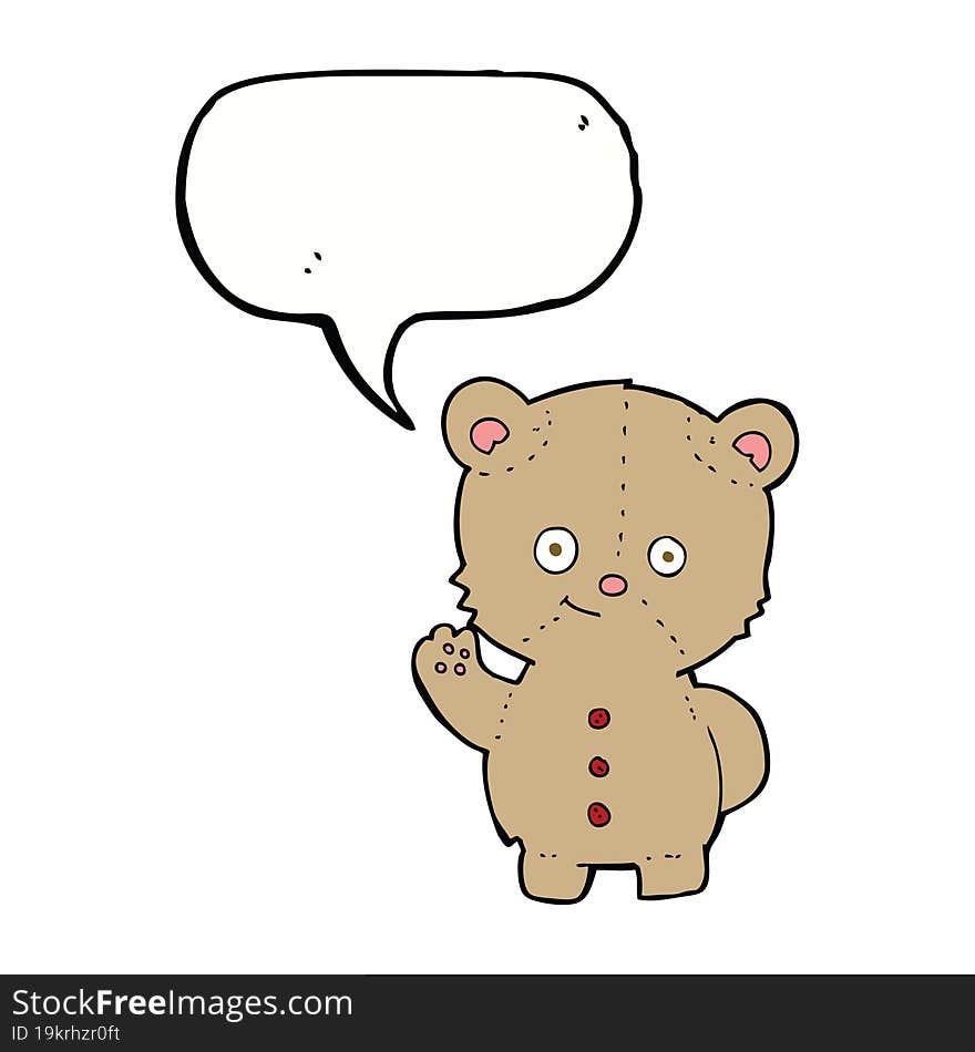 cartoon teddy bear waving with speech bubble