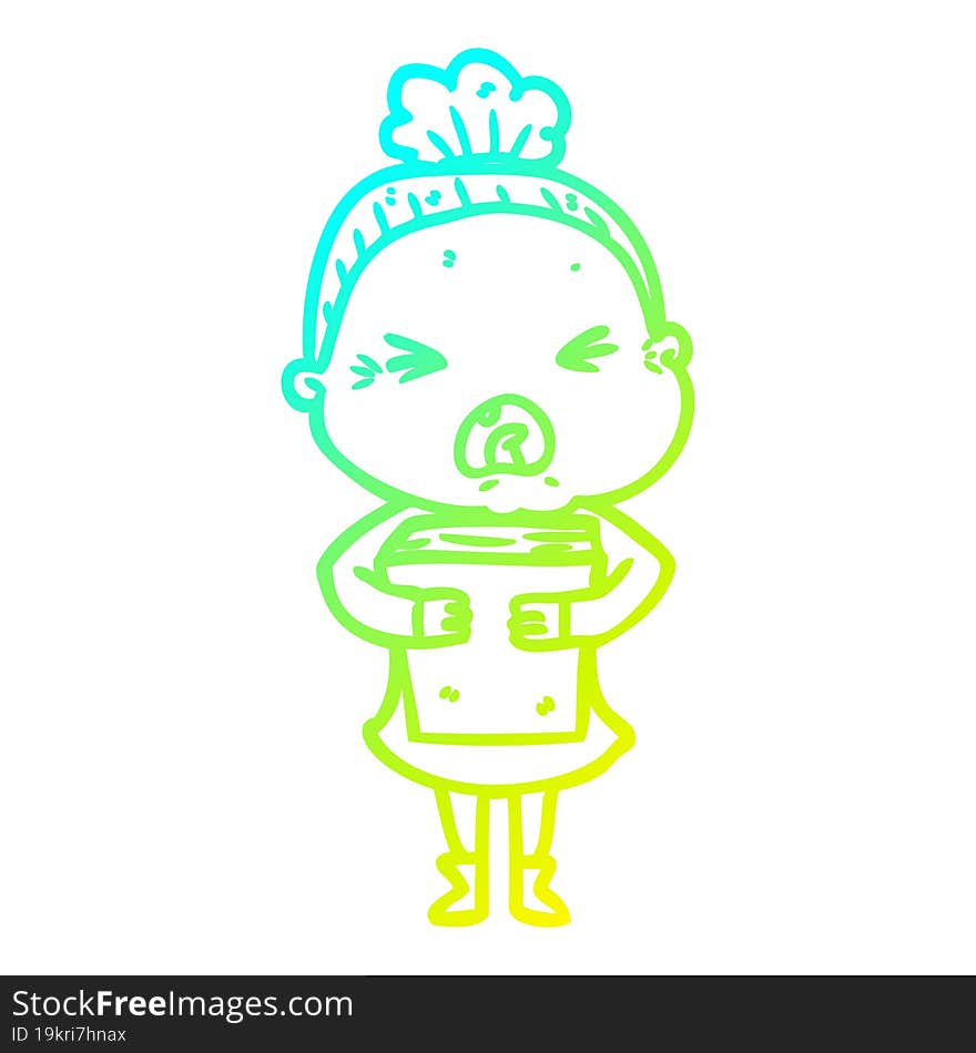 cold gradient line drawing cartoon angry old woman