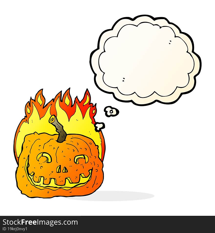 cartoon burning pumpkin with thought bubble