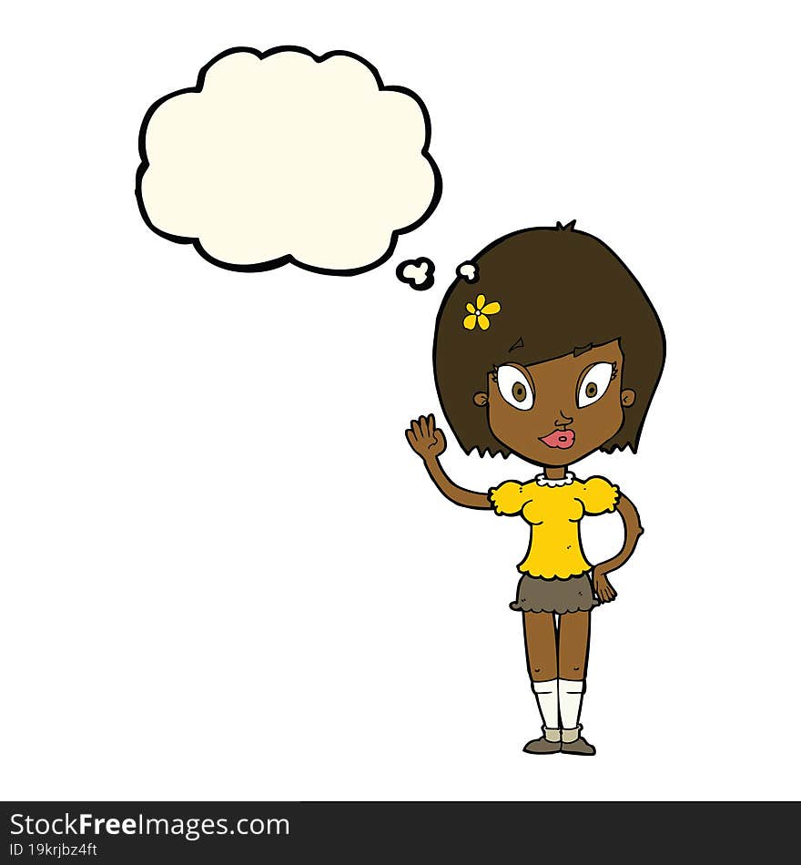 Cartoon Pretty Girl Waving With Thought Bubble