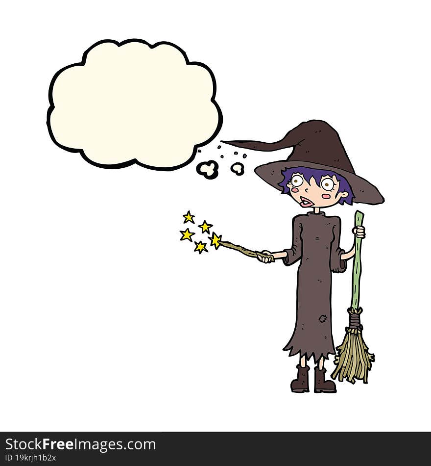 cartoon witch casting spell with thought bubble