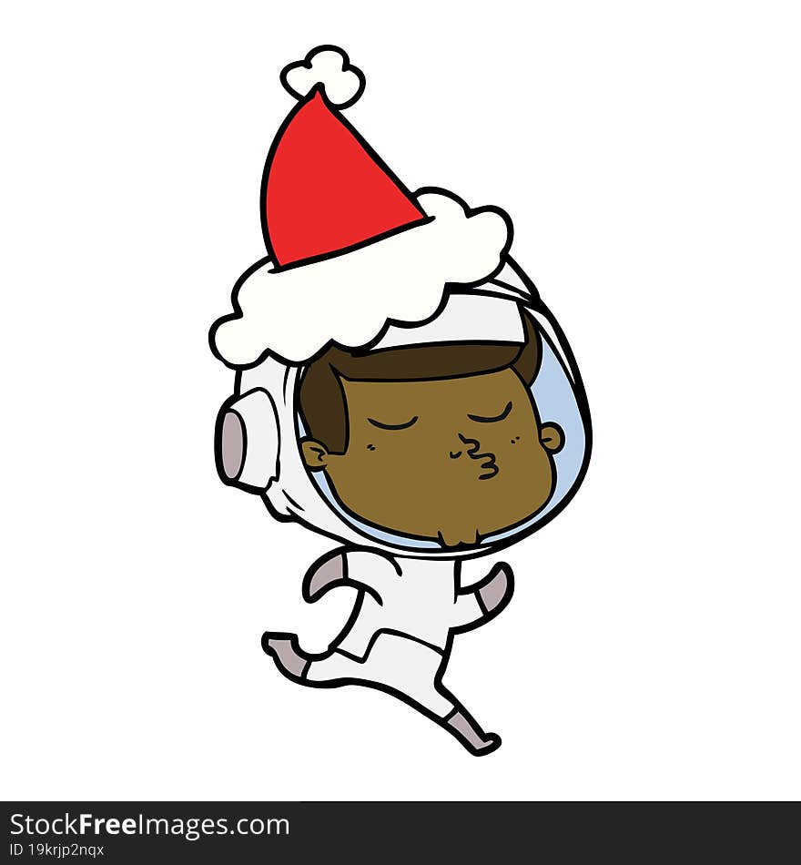 Line Drawing Of A Confident Astronaut Wearing Santa Hat