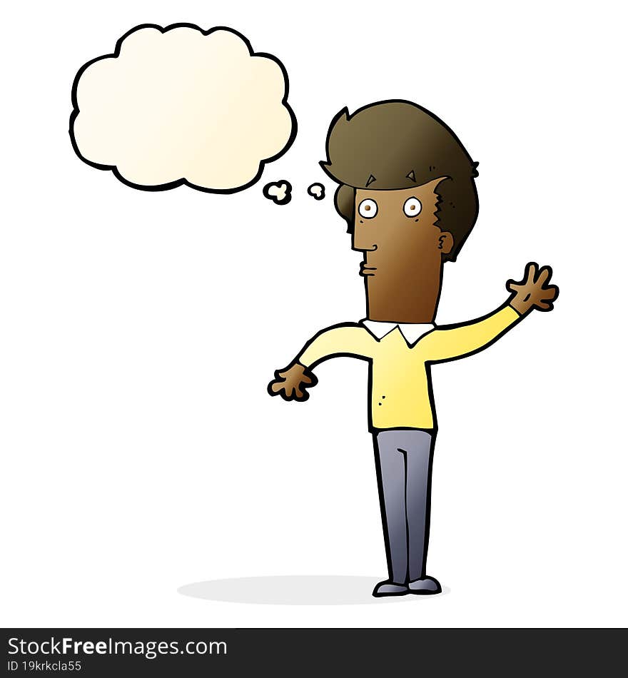 Cartoon Nervous Man Waving With Thought Bubble