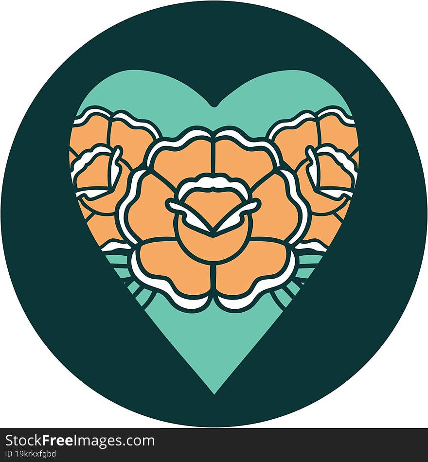 iconic tattoo style image of a heart and flowers. iconic tattoo style image of a heart and flowers