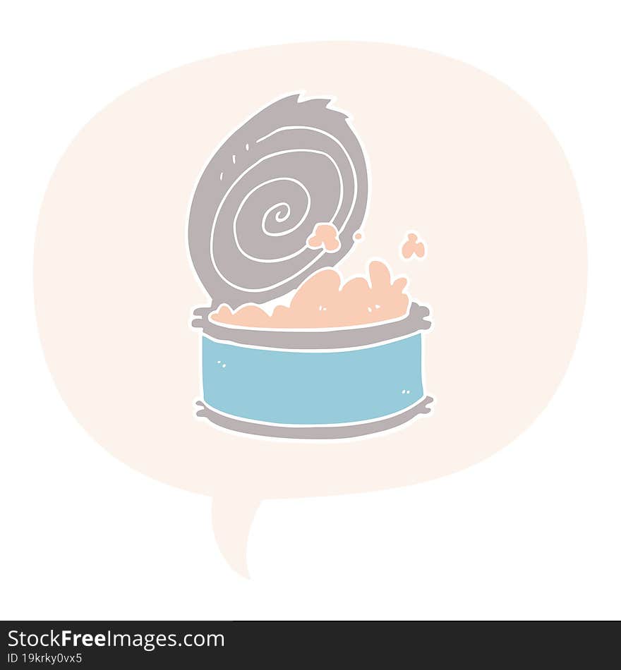 cartoon canned fish and speech bubble in retro style