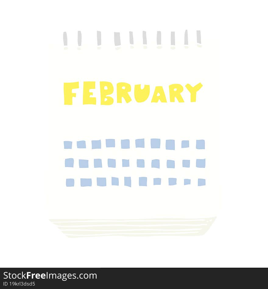 flat color illustration of a cartoon calendar showing month of february