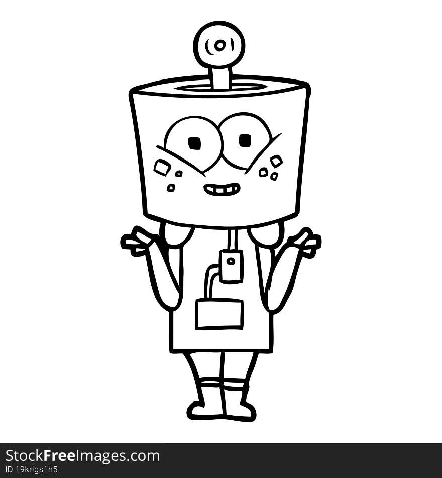 happy cartoon robot shrugging shoulders. happy cartoon robot shrugging shoulders