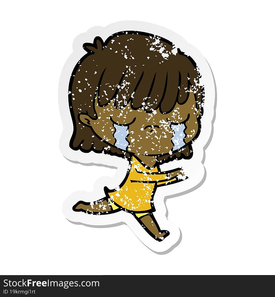 distressed sticker of a cartoon woman crying