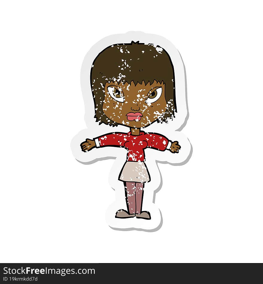 Retro Distressed Sticker Of A Cartoon Woman With Outstretched Arms