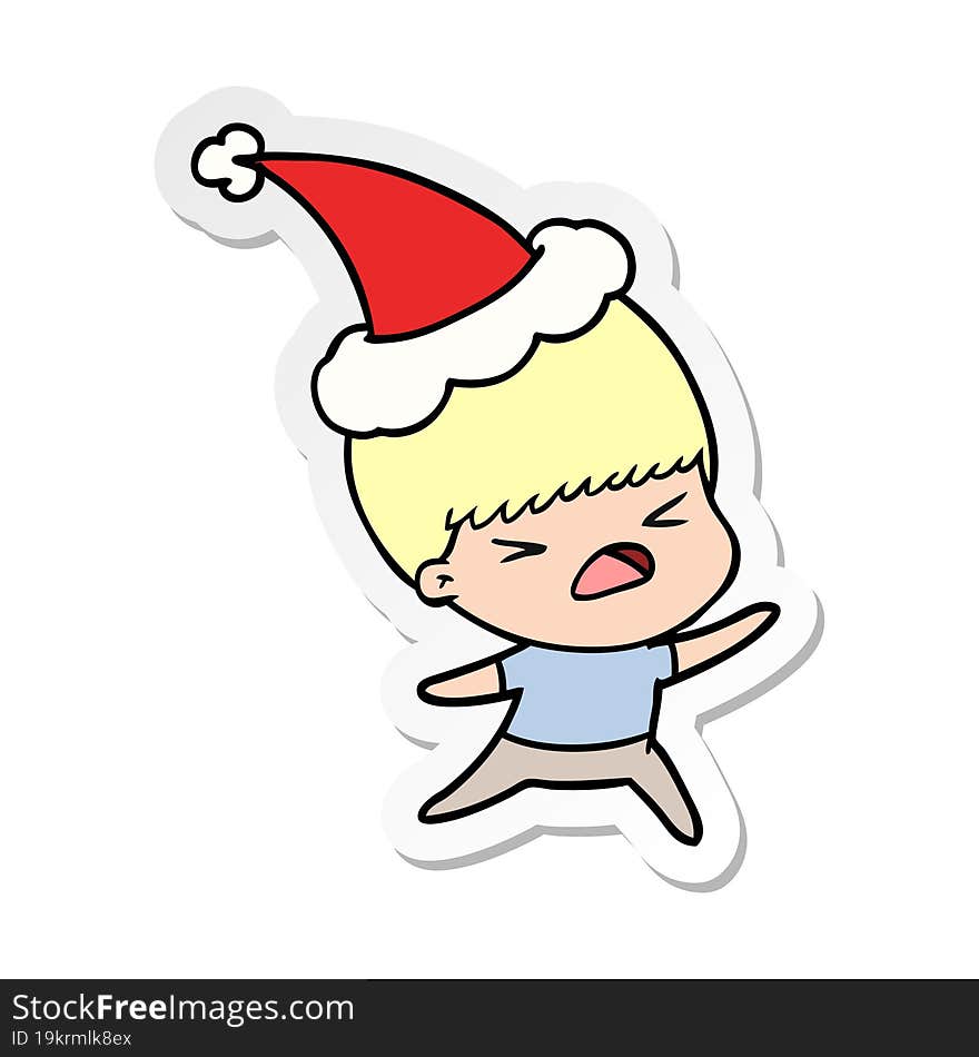 hand drawn sticker cartoon of a stressed man wearing santa hat