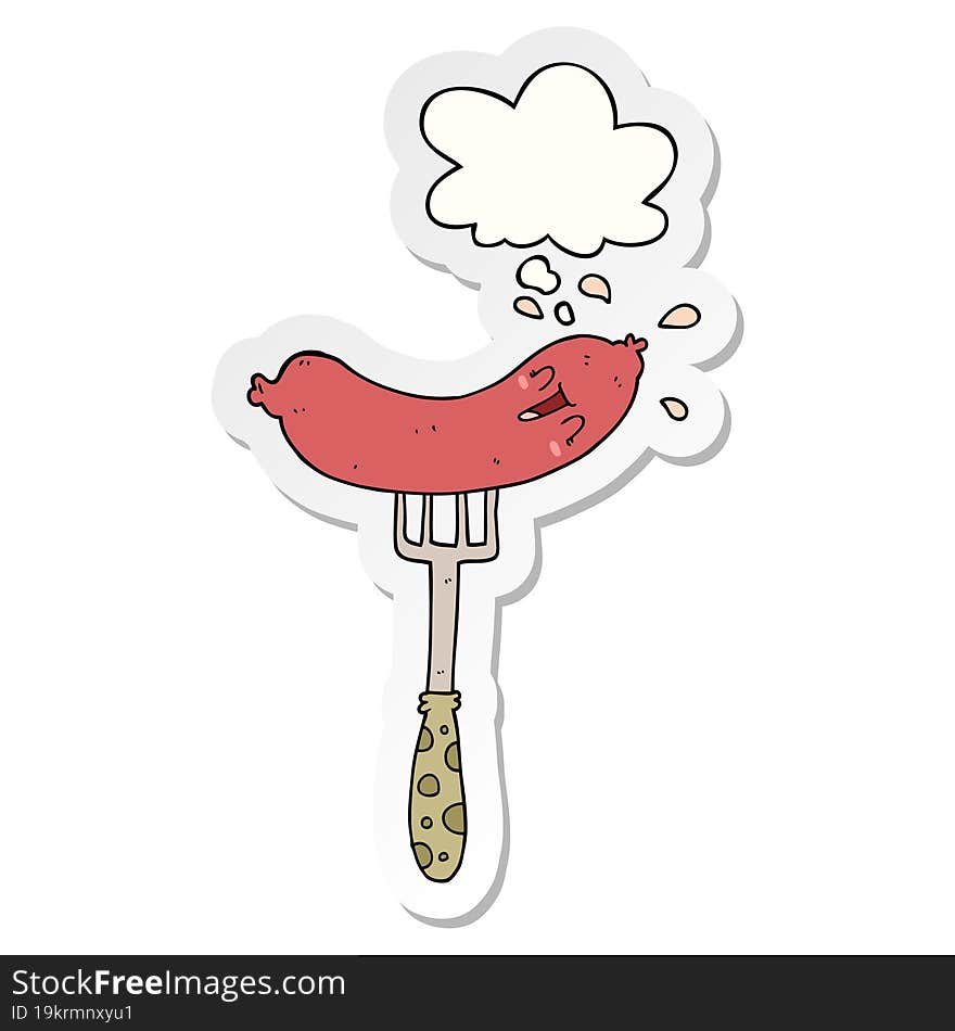 cartoon happy sausage on fork and thought bubble as a printed sticker