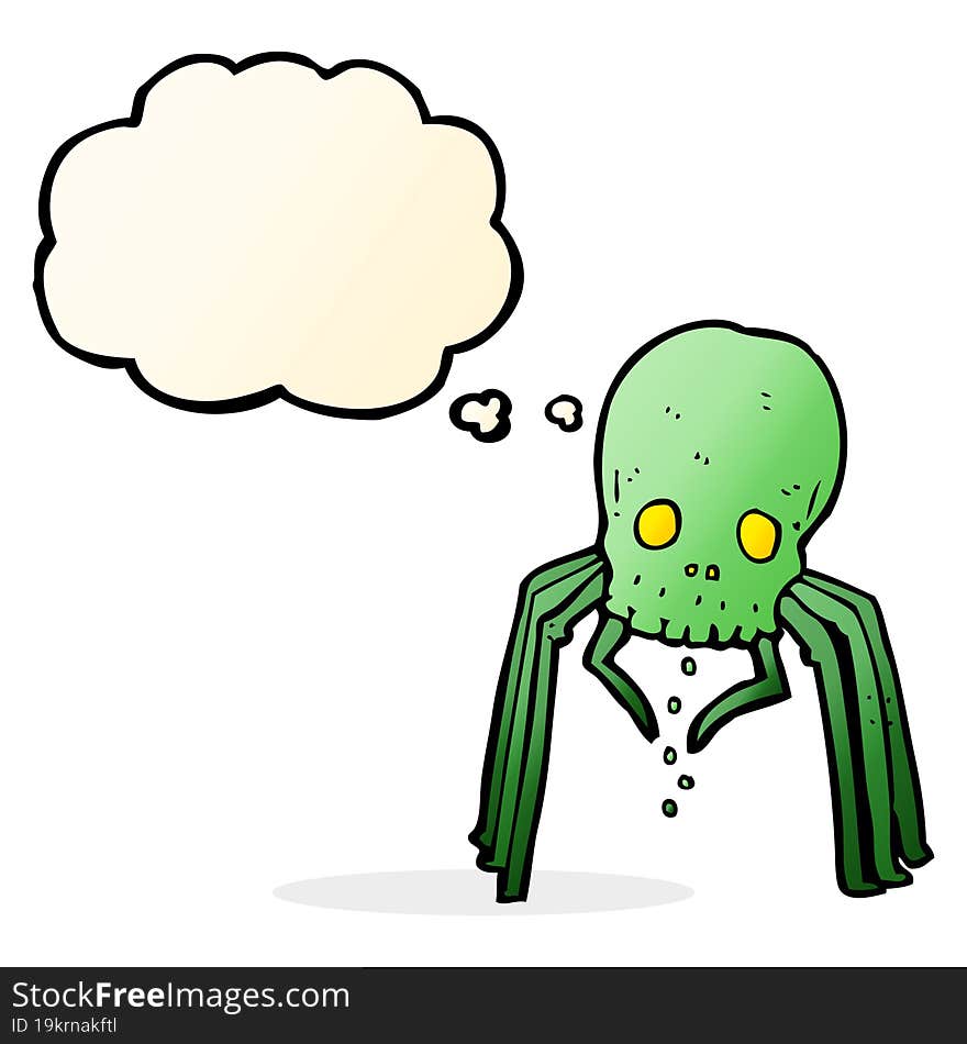 cartoon spooky skull spider with thought bubble