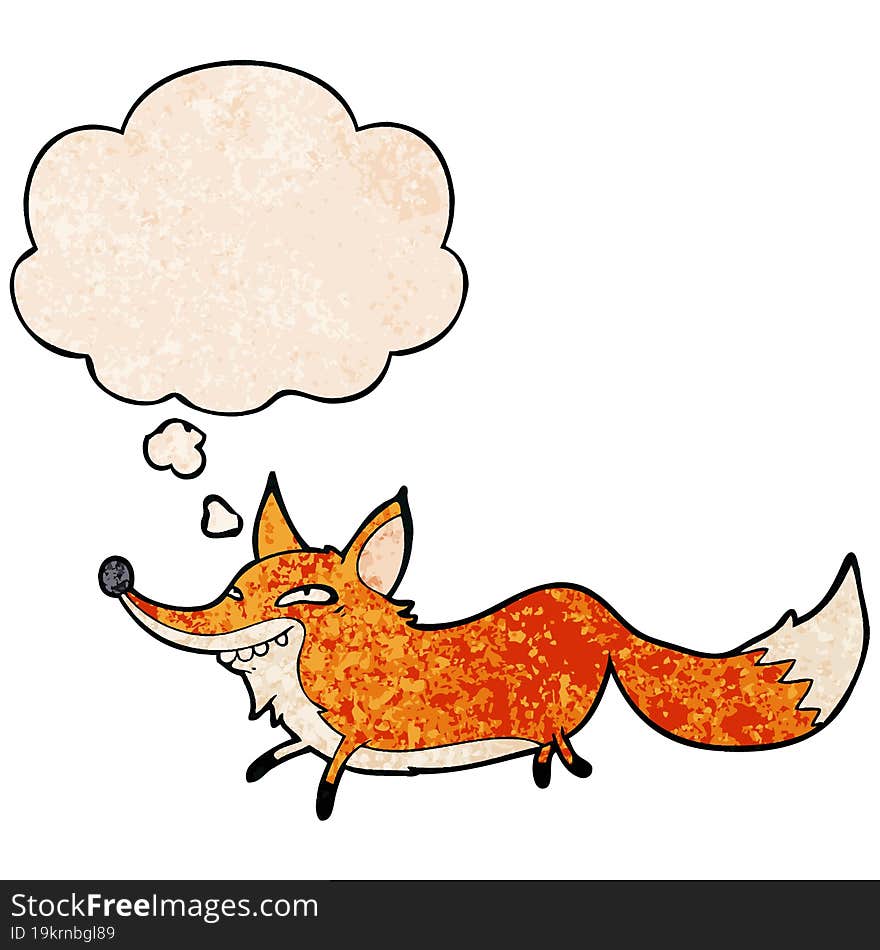 cartoon sly fox and thought bubble in grunge texture pattern style