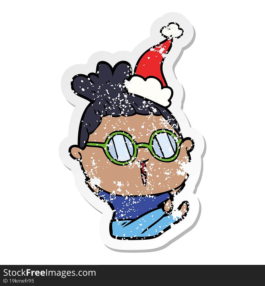 distressed sticker cartoon of a woman wearing spectacles wearing santa hat