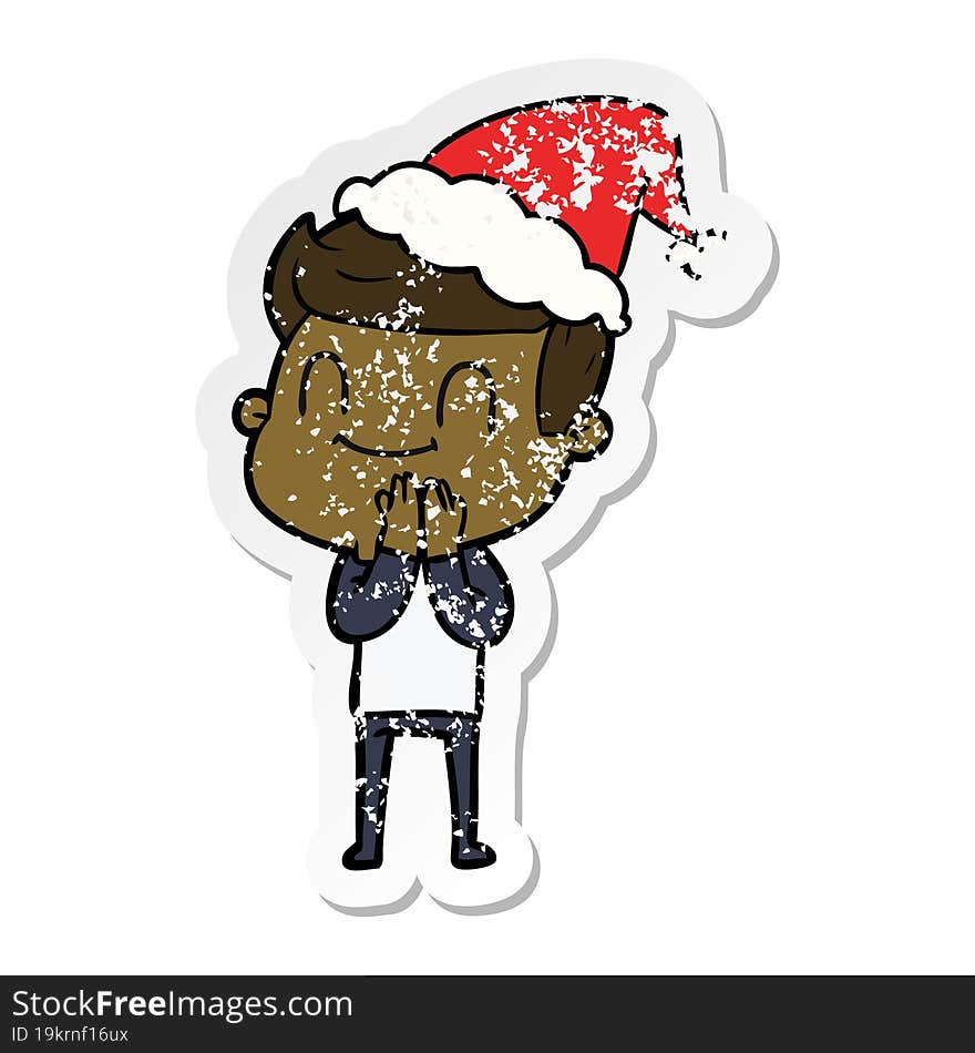 distressed sticker cartoon of a friendly man wearing santa hat