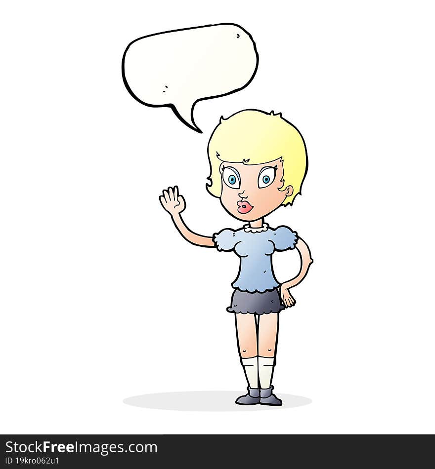 Cartoon Pretty Girl Waving With Speech Bubble