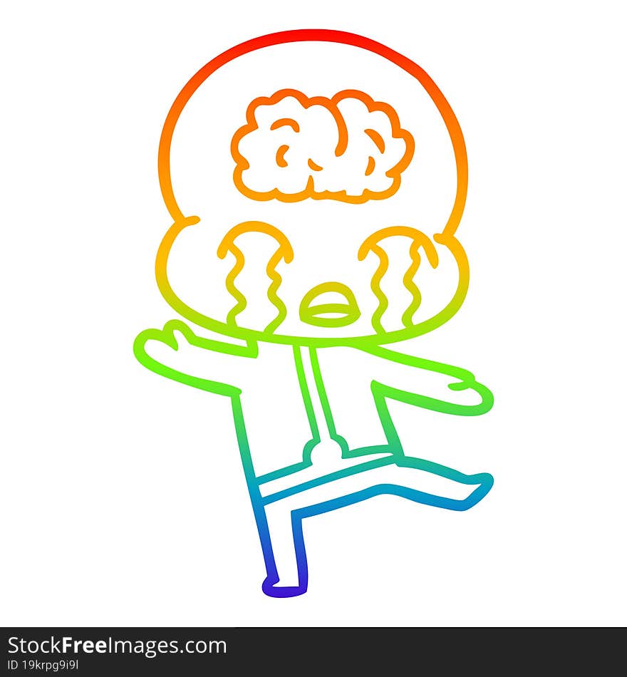 rainbow gradient line drawing cartoon big brain alien crying