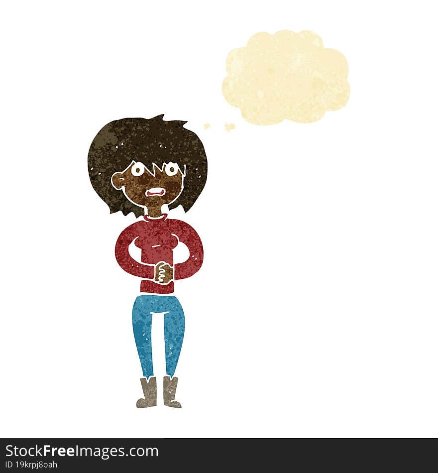 cartoon worried woman with thought bubble