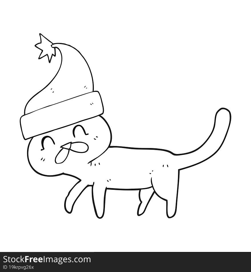 black and white cartoon cat wearing christmas hat