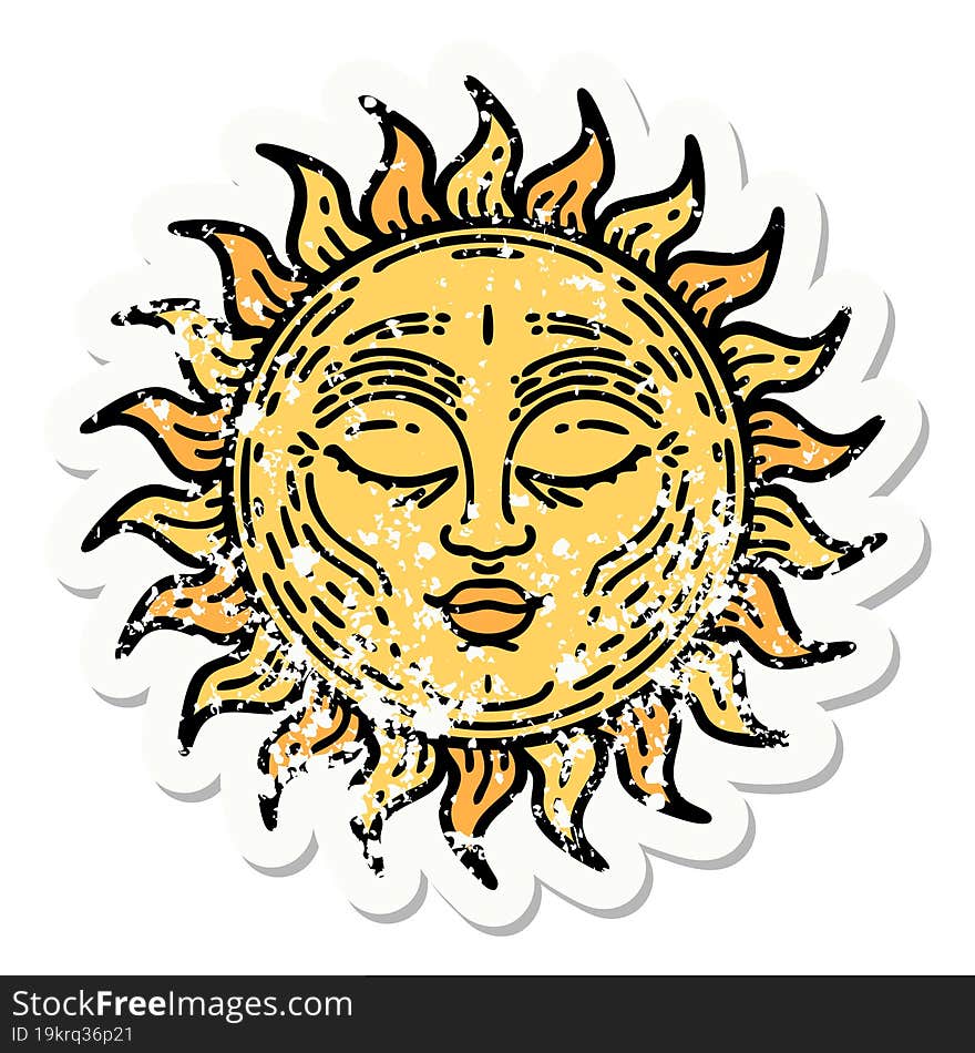 traditional distressed sticker tattoo of a sun