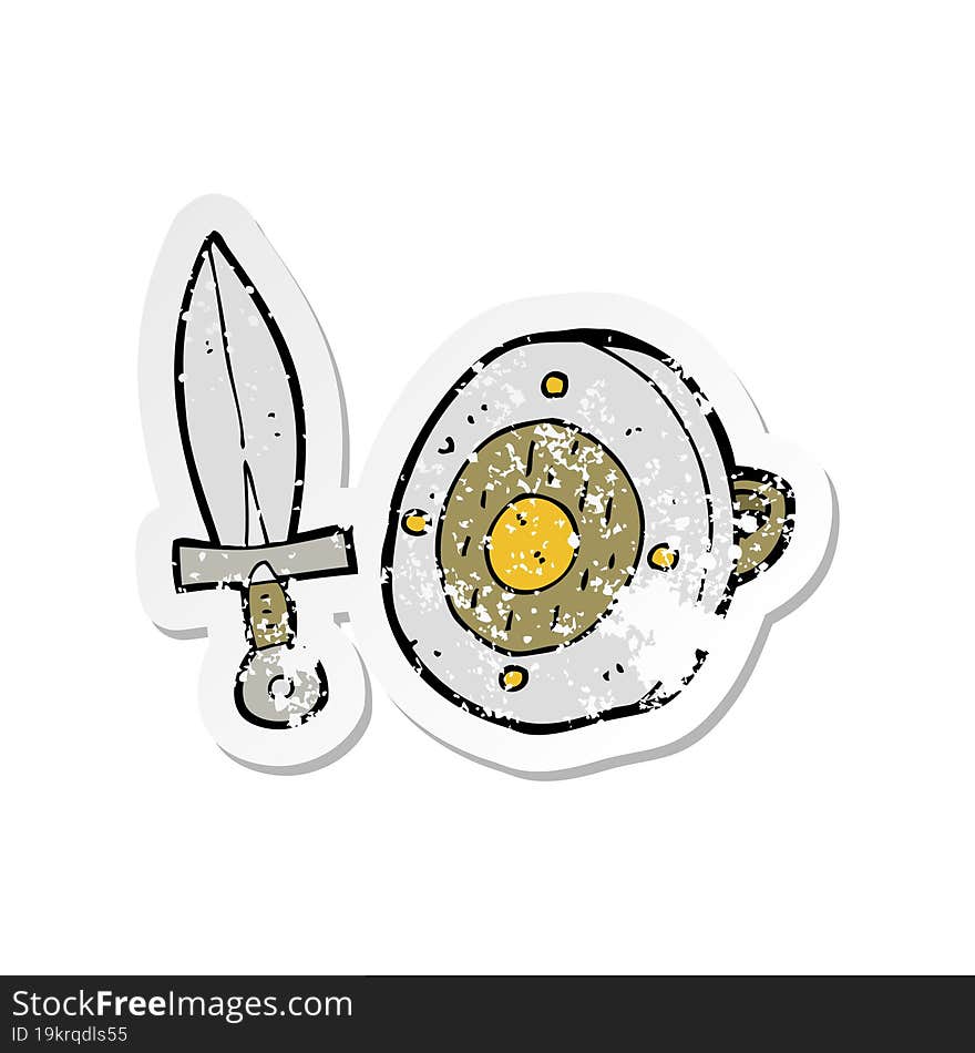 Retro Distressed Sticker Of A Cartoon Sword And Shield