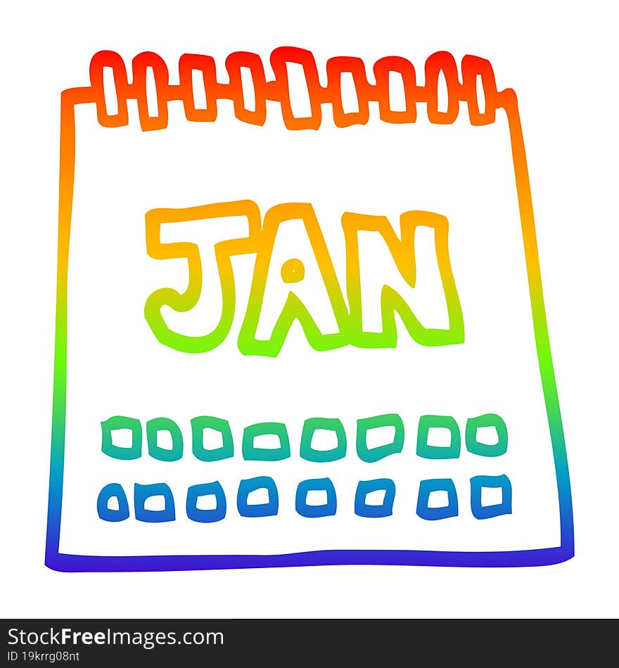 rainbow gradient line drawing cartoon calendar showing month of january