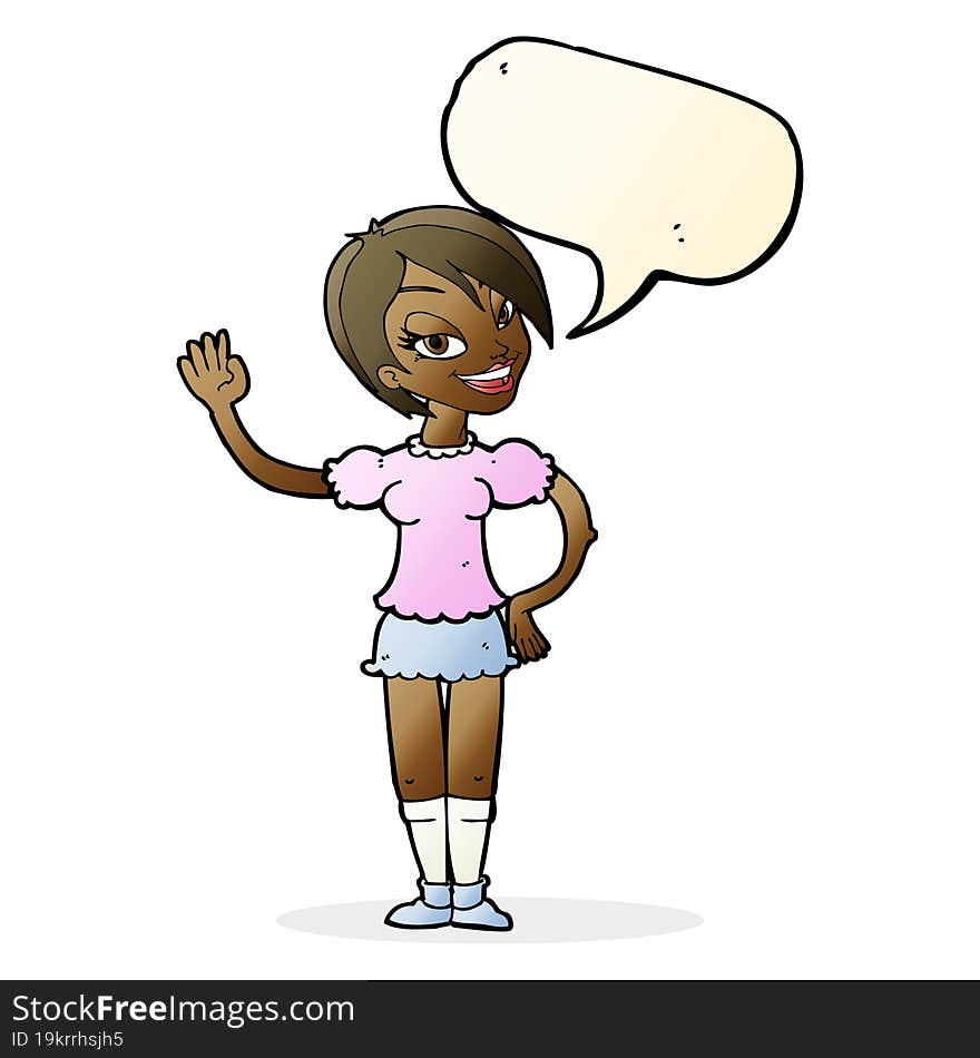 Cartoon Waving Woman With Speech Bubble