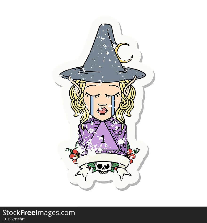 Crying Elf Mage Character With Natural One Dice Roll Grunge Sticker