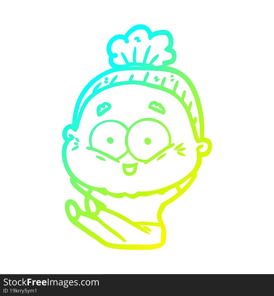 cold gradient line drawing of a cartoon happy old woman