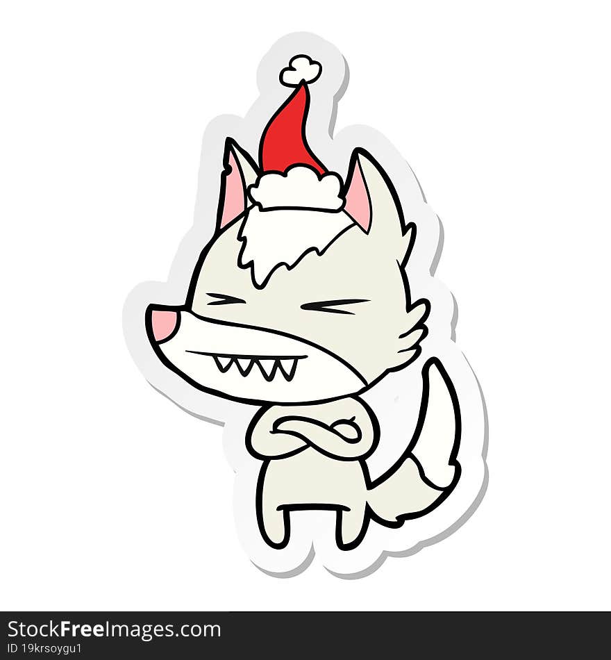 angry wolf sticker cartoon of a wearing santa hat