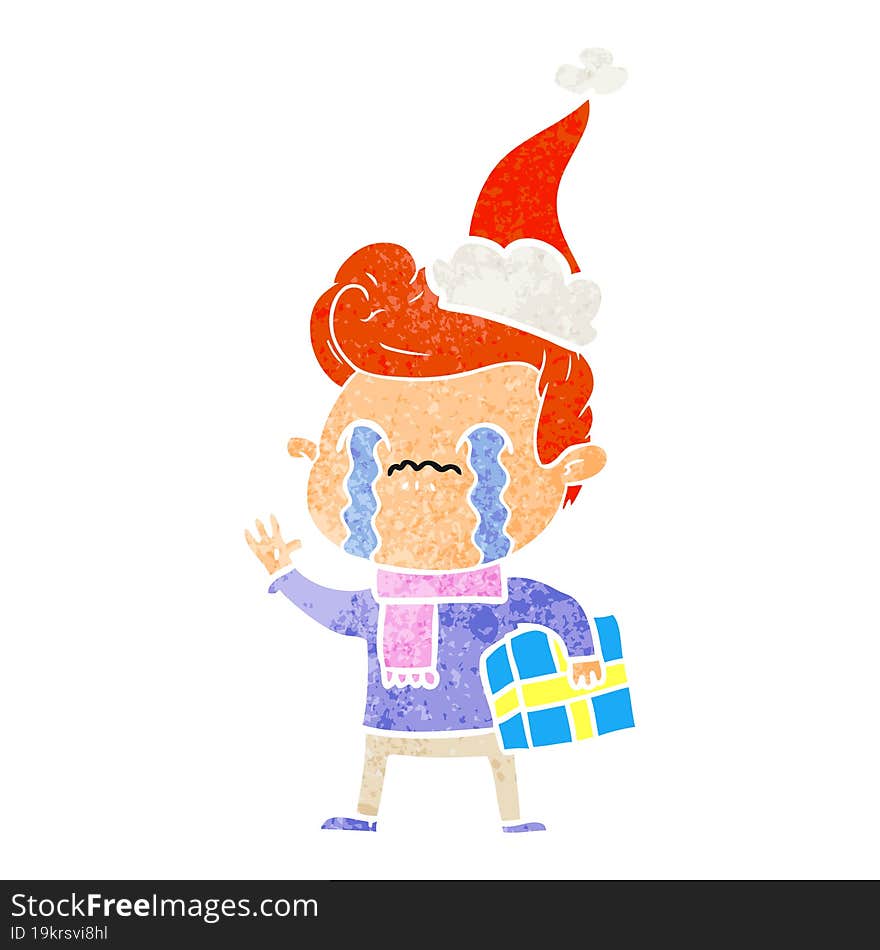 retro cartoon of a man crying wearing santa hat