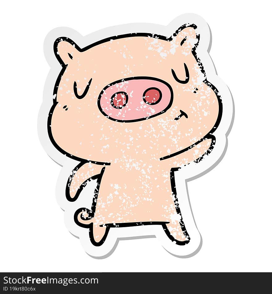 Distressed Sticker Of A Cartoon Content Pig