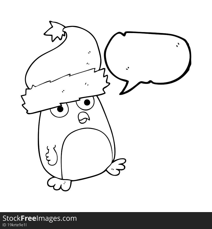 freehand drawn speech bubble cartoon christmas robin wearing christmas hat. freehand drawn speech bubble cartoon christmas robin wearing christmas hat