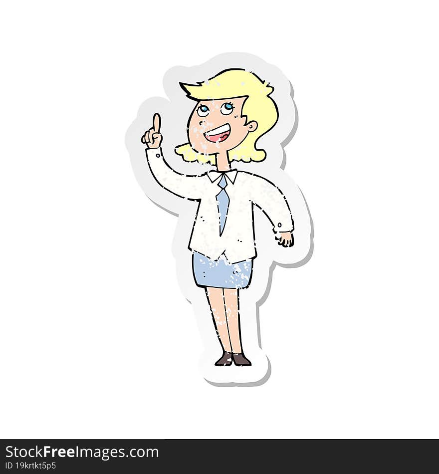 Retro Distressed Sticker Of A Cartoon Businesswoman With Idea