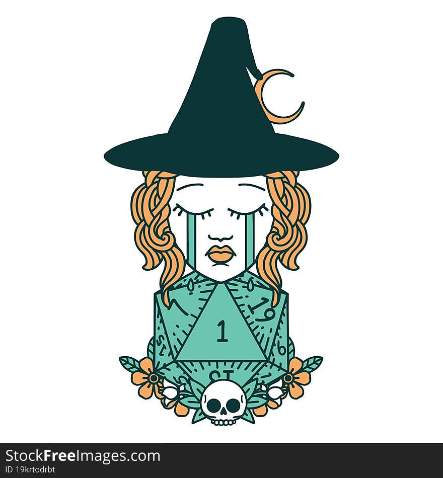 Crying Human Witch With Natural One D20 Dice Roll Illustration