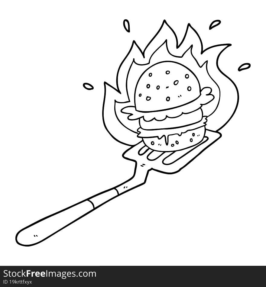 cartoon flaming burger on spatula. cartoon flaming burger on spatula