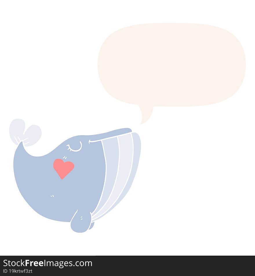 cartoon whale and love heart and speech bubble in retro style