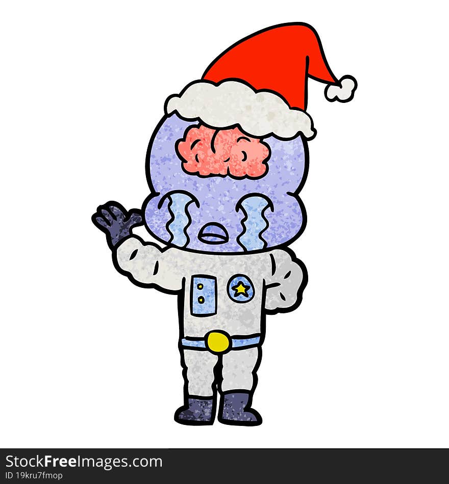 textured cartoon of a big brain alien crying wearing santa hat