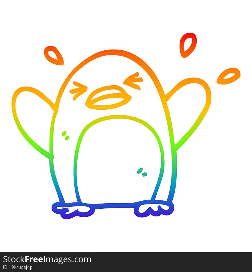 rainbow gradient line drawing of a cartoon flapping penguin