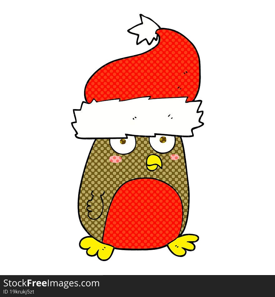 cartoon christmas robin wearing santa hat