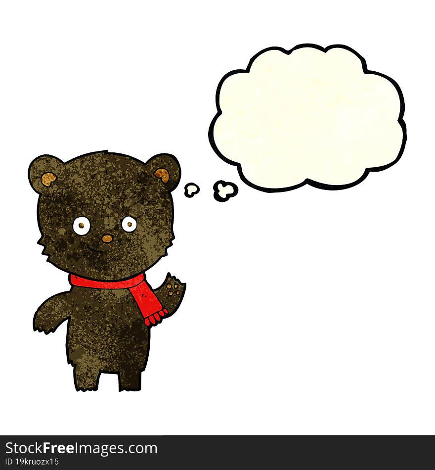 cartoon black bear waving with thought bubble