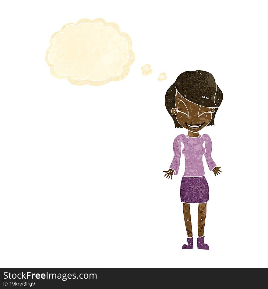 cartoon happy woman shrugging shoulders with thought bubble