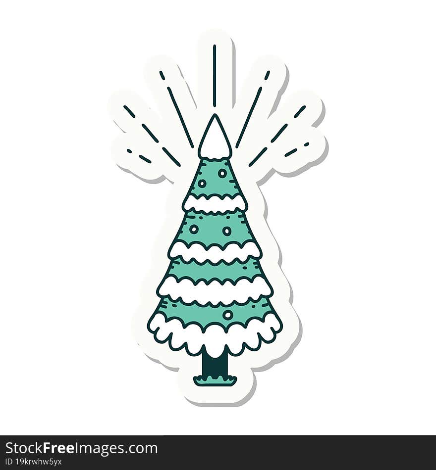 sticker of tattoo style snow covered pine tree