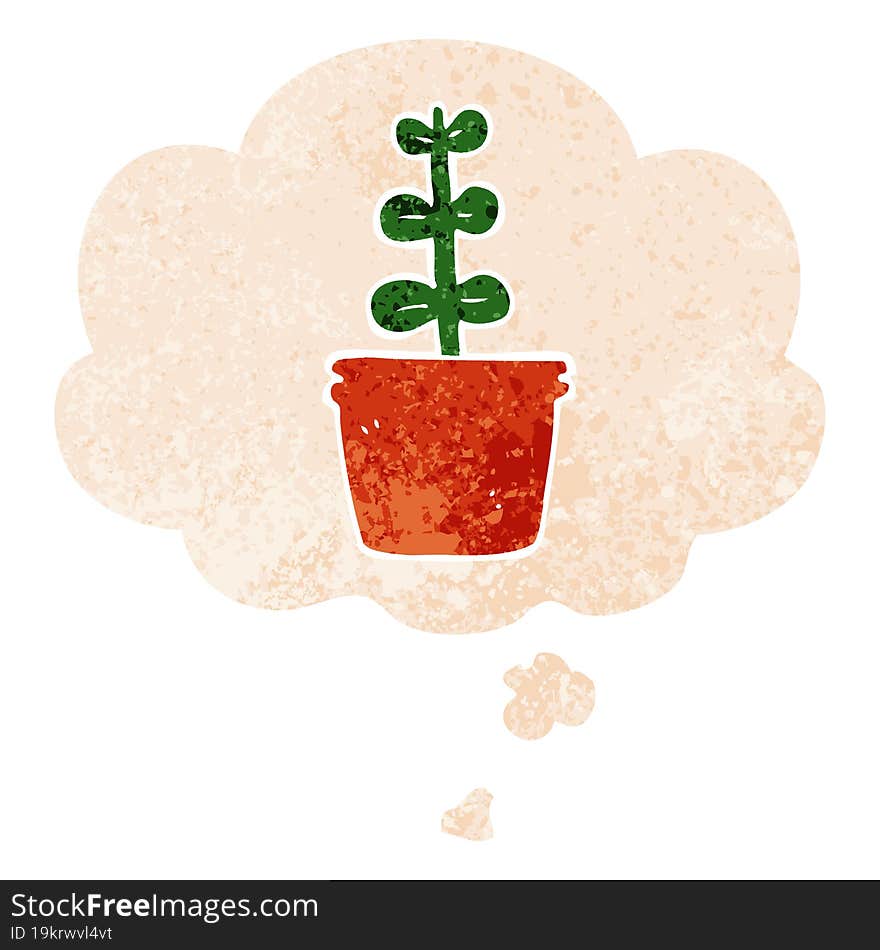 Cartoon House Plant And Thought Bubble In Retro Textured Style