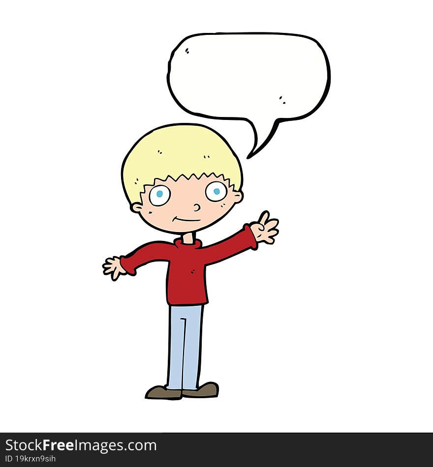 Cartoon Happy Waving Boy With Speech Bubble