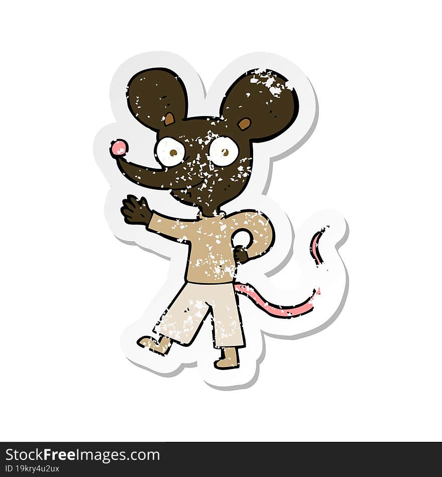 retro distressed sticker of a cartoon waving mouse