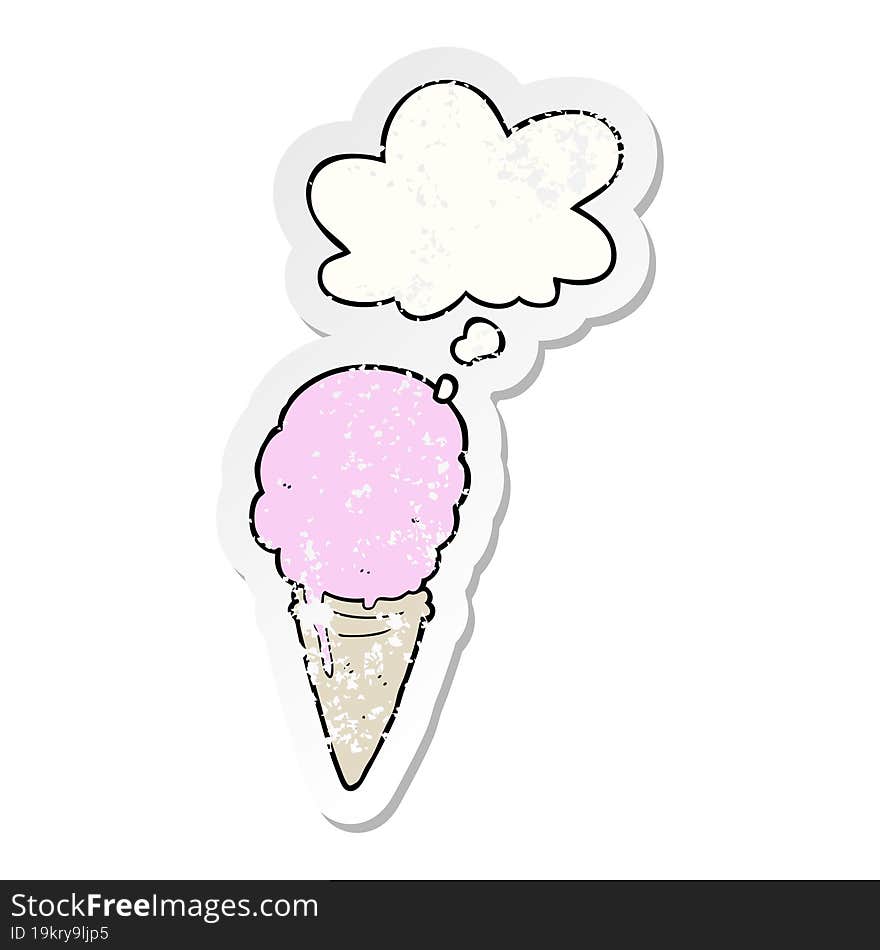 cartoon ice cream and thought bubble as a distressed worn sticker