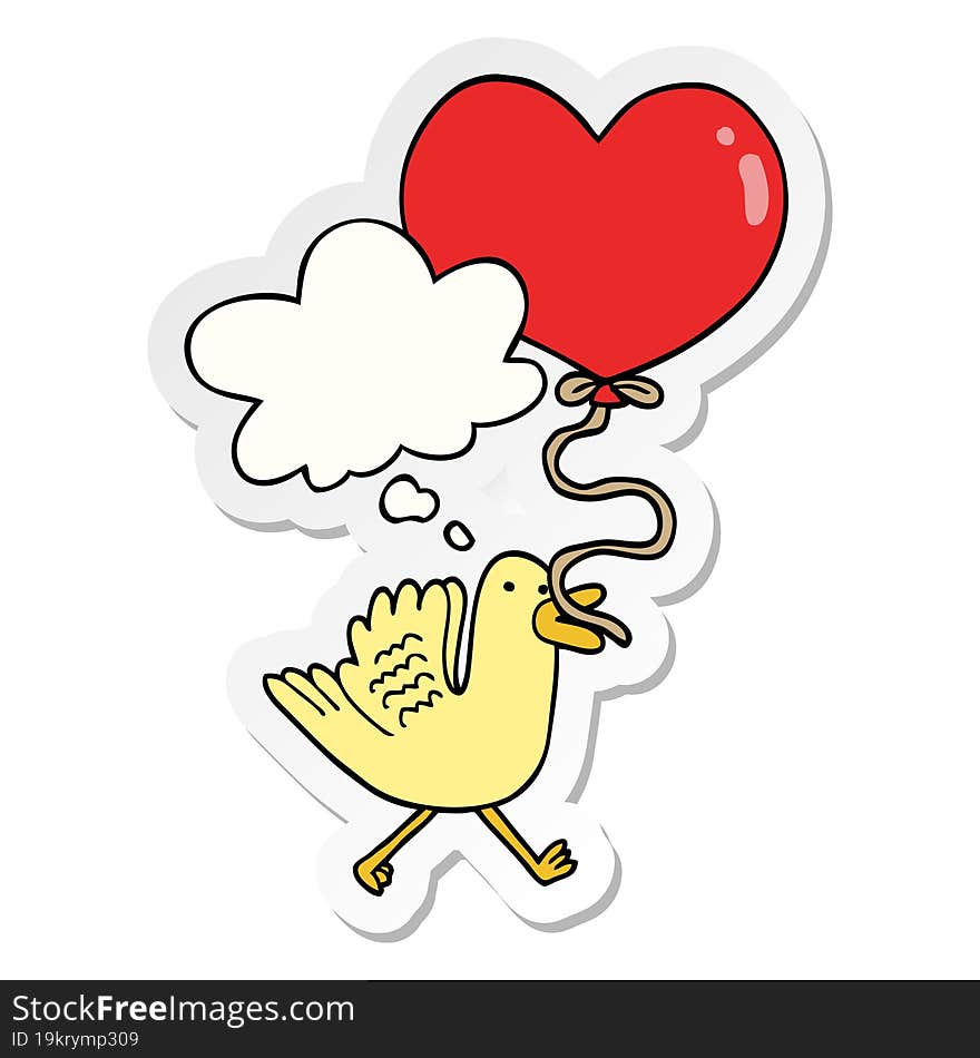 cartoon bird with heart balloon with thought bubble as a printed sticker