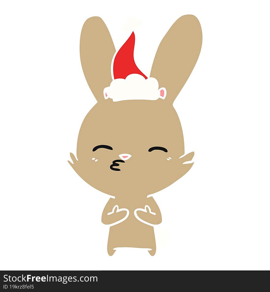 curious bunny hand drawn flat color illustration of a wearing santa hat. curious bunny hand drawn flat color illustration of a wearing santa hat